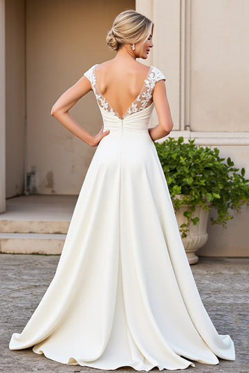 Ivory V-Neck Satin Lace A Line Wedding Dress